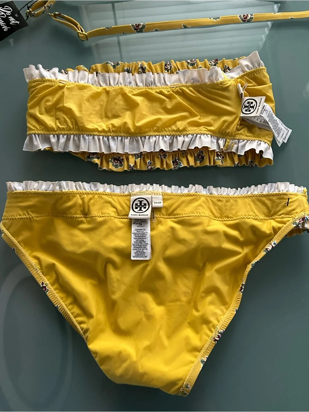 NWT Tory Burch Costa Floral Bikini Set New yellow ruffle XS or Small blue flower